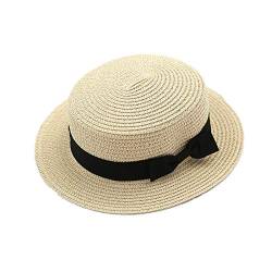 Elonglin Damen Mädchen Jungen Flacher Hut Schleife Strohhut Strand Sonnenhüte atmungsaktiv schnell trocknend Sommer im Urlaub Beige-Weiß Erwachsen-Modell von Elonglin