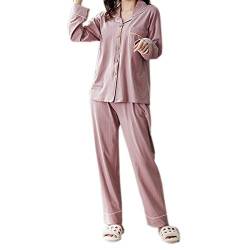 Elonglin Damen Mädchen Schlafanzüge Pyjama Set Langarm Basic Nachtwäsche Hose Knopfleist Hell Pink Lila A S von Elonglin