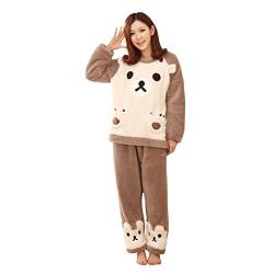 Elonglin Damen Mädchen Schlafanzug Zweiteilig Cartoon Bär Cosplay Overall Nachtwäsche Nacht Party Dick Warm Winter Herbst Hellbraun(Weiß Bär) Asie L (160-165 cm 48-55KG) von Elonglin