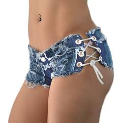 Elonglin Damen Mini Shorts Zerrissene Löcher Hot Strand sehr Kurze Hose Nachtclubwear Low Waist Schnüren Jeans Hellblau DE XS (Asie M) von Elonglin