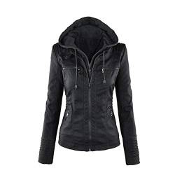 Elonglin Damen Mode Lederjacke Kunstleder Einfarbig Reißverschluss Kapuzenjacken Freizeit Slim Cool Jacken Herbst Mantel Schwarz DE 6XL(Asie 7XL) von Elonglin