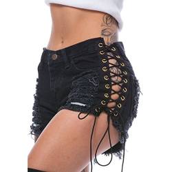 Elonglin Damen Shorts Slim Kurze Hose Zerrissene Löcher Hot Mini Jeans Ausgefranste Seil String 198 Schwarz DE 42 (Asie XXL) von Elonglin
