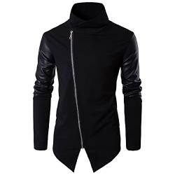 Elonglin Herren Baseball Jacken Bikerjacken Baumwolle Kunstleder Slim Fit Stehkragen Asymmetrische Saum Freizeit Mantel Schwarz Medium von Elonglin