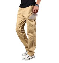 Elonglin Herren Jungen Cargo Hose Lässig Lange Cargopants Freizeit Outdoors Sommer Dünn Khaki DE 48 (Asie XL): Taille 86-92cm(34-36 inch) von Elonglin