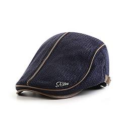 Elwow Herren Herbst Winter Frühling PU Leder Front Baumwolle Kint Driving Flat Cap Duckbill Efeu Irish Cap Newsboy Cabbie Scally Baskenmütze Hut mit Webverzierung, Newsboy, Blau von Elwow