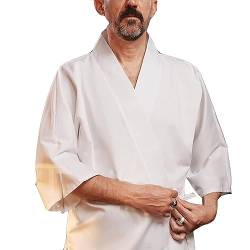 ElzEy 3/4 Ärmel Japanischer Kimono Sushi-Kochmantel Unisex-Arbeitskleidung Küchenrestaurant Cardigan-Kochjacke für Frauen Männer (Color : White, Size : 4XL) von ElzEy