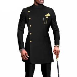 ElzEy Afrikanische Anzüge für Männer Hemden und Hose 2-teiliges Set Lange Ärmel Dashiki-Outfits Einreihiger Blazer Trainingsanzüge Kleidung für die Hochzeit (Color : Black, Size : M) von ElzEy