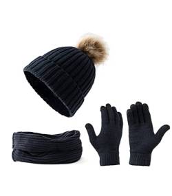 Embouro Damen 3-in-1-Pom-Pom Beanie-Schal-Handschuh-Set, Winterset für kaltes Wetter für Frauen mit abnehmbaren Pom-Poms (Blau) von Embouro