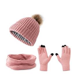 Embouro Damen 3-in-1-Pom-Pom Beanie-Schal-Handschuh-Set, Winterset für kaltes Wetter für Frauen mit abnehmbaren Pom-Poms (Rosa) von Embouro