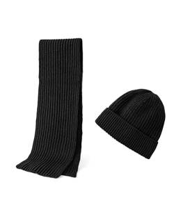 Embouro Wintermütze und Schal aus Merinowolle für Herren, warme Strickmützen, lange Schals für Damen und Herren (Schwarz) von Embouro