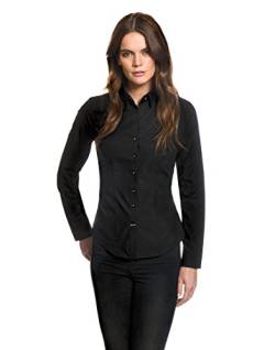 Embraer Damen Bluse tailliert 100% Baumwolle bügelfrei mit Kontrasteinlage Langarm Hemdbluse elegant festlich Kent-Kragen auch für Business und unter Pullover schwarz 34 von Embraer