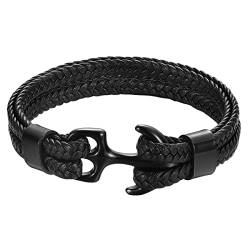 Emibele Armband für Damen, Robust Rindsleder Armband, Mehrschichtig Vintage Anker Armband Wickelarmband - Schwarz mit Schwarz Anker von Emibele