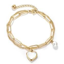 Emibele Charme Herzförmig Armband für Frauen Mädchen, 18K Vergoldet Titanium Love Armband mit Karabinerverschluss, Doppelte Feine Kette & Büroklammer Goldkette Armband Schmuck von Emibele