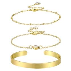 Emibele Gold Kette Armbänder Set, 3pcs 14K Echtgold vergoldetes Armband Set Stackable Gold Armbänder Schmuck, Armband mit Zirkonia Verstellbares Gold Lagenarmband für Frauen Mädchen, Gold von Emibele