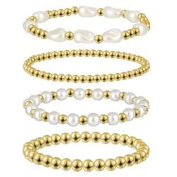 Emibele Gold Perlen Armbänder Set, 4pcs 14K Echtgold Gefüllte Stretch Armband Stack Perlenarmband, Stackable Gold Armbänder Schmuck, Geschenk für Frauen Freundin Mutter Mädchen, Weiß/Golden von Emibele