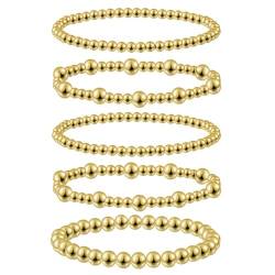 Emibele Gold Perlen Armbänder Set, 5pcs 14K Echtgold Gefüllte Perlen Stretch Armband Stack, Stackable Gold Armbänder Schmuck, Geschenk für Frauen Freundin Mutter Mädchen, Gold von Emibele