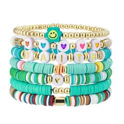 Emibele Heishi Surfer Armbänder Set, 7PSC Regenbogen Armbänder Ton Disc Perlen Polymer mit FAITH Perlen Elastisches Seil Armband Set, Boho Perlen Armband Sommer Strand Armband für Frauen Mädchen von Emibele