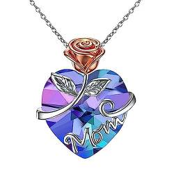 Emibele Rose Kette Damen, Kristall Halskette, Rosen Gewickelte Herzkette, Halskette mit Gravur des Wortes Mom, Warmes Geschenk für Mama, Schimmernder Schmuck als Muttertagsgeschenk, Blau & Violett von Emibele