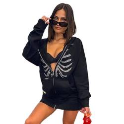 Emiif Frauen Strass Skelett Kreuz Bedruckt Hoodie Zip Up Sweatshirt Y2K Sweatshirt mit Kapuze Oversized Hoodies Streetwear mit Taschen von Emiif