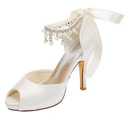 Emily Bridal Brautschuhe Elfenbein Hochzeit Schuhe Satin High Heels Peep Toe Perlen Lace Up Brautschuhe (EU38, Elfenbein) von Emily Bridal