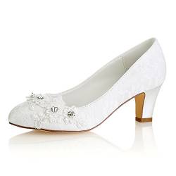 Emily Bridal Brautschuhe Frauen Seide wie Satin Stämmiger Absatz Absatzschuhe mit Stich Spitzen Blume Kristall (EU38, Ivory) von Emily Bridal