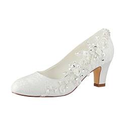 Emily Bridal Brautschuhe Frauen Seide wie Satin Stämmiger Absatz Absatzschuhe mit Stich Spitzen Blume Kristall Perle, 40 EU, Ivory von Emily Bridal