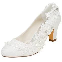 Emily Bridal Brautschuhe Frauen Seide wie Satin Stämmiger Absatz Absatzschuhe mit Stich Spitzen Blume Kristall Perle, Elfenbein, 37 EU (4 UK) von Emily Bridal