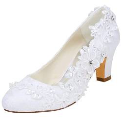 Emily Bridal Brautschuhe Frauen Seide wie Satin Stämmiger Absatz Absatzschuhe mit Stich Spitzen Blume Kristall Perle (EU35, Weiß) von Emily Bridal