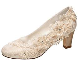 Emily Bridal Brautschuhe Frauen Seide wie Satin Stämmiger Absatz Absatzschuhe mit Stich Spitzen Blume Kristall Perle (EU36, Champagner) von Emily Bridal