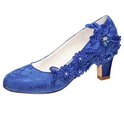 Emily Bridal Brautschuhe Frauen Seide wie Satin Stämmiger Absatz Absatzschuhe mit Stich Spitzen Blume Kristall Perle (EU37, Blau) von Emily Bridal