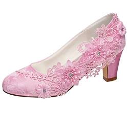 Emily Bridal Brautschuhe Frauen Seide wie Satin Stämmiger Absatz Absatzschuhe mit Stich Spitzen Blume Kristall Perle (EU37, Rosa) von Emily Bridal