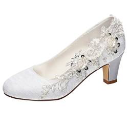 Emily Bridal Brautschuhe Frauen Seide wie Satin Stämmiger Absatz Absatzschuhe mit Stich Spitzen Blume Kristall Perle (EU37, Weiß) von Emily Bridal