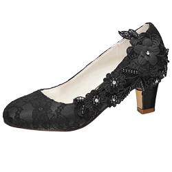 Emily Bridal Brautschuhe Frauen Seide wie Satin Stämmiger Absatz Absatzschuhe mit Stich Spitzen Blume Kristall Perle (EU38, Schwarz) von Emily Bridal