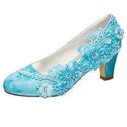 Emily Bridal Brautschuhe Frauen Seide wie Satin Stämmiger Absatz Absatzschuhe mit Stich Spitzen Blume Kristall Perle (EU39, Cyan-Blau) von Emily Bridal