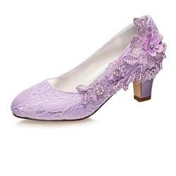 Emily Bridal Brautschuhe Frauen Seide wie Satin Stämmiger Absatz Absatzschuhe mit Stich Spitzen Blume Kristall Perle (EU39, Helles Lila) von Emily Bridal