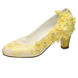 Emily Bridal Brautschuhe Frauen Seide wie Satin Stämmiger Absatz Absatzschuhe mit Stich Spitzen Blume Kristall Perle (EU42, Gelb) von Emily Bridal