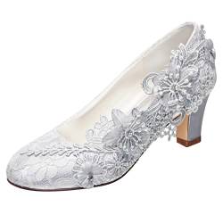 Emily Bridal Brautschuhe Frauen Seide wie Satin Stämmiger Absatz Absatzschuhe mit Stich Spitzen Blume Kristall Perle (EU42, Silber) von Emily Bridal