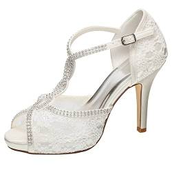 Emily Bridal Brautschuhe Lace Peep Toe Strass Ankle Strap High Heel Brautschuhe (EU37, Elfenbein) von Emily Bridal