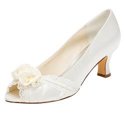 Emily Bridal Elfenbein Hochzeit Schuhe Peep High Heel Lace Satin Blume Slip-on Brautschuhe (EU39, Elfenbein) von Emily Bridal