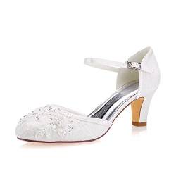 Emily Bridal Hochzeitsschuhe Damen Lace Satin Pfennigabsatz Pumps Sandalen (EU39, Elfenbein) von Emily Bridal