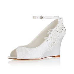 Emily Bridal Spitze Hochzeitsschuhe Peep Toe Blumen Detail Wedge Schuhe Knöchelriemen Brautschuhe, 41 EU, Elfenbein von Emily Bridal