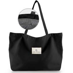 Emma Jonasson Shopper Tasche Damen groß - Großer Jutebeutel mit Reißverschluss und Innentasche - Aesthetic Tote Bag Damen - Große Taschen Damen Stofftasche für Einkauf Arbeit Uni Schule schwarz von Emma Jonasson