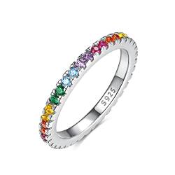 Emmie Jewelry Eternity Ring 925 Silber mit Bunte Zirkonia Steine | Damenring mit Regenbogen-Steinen rundherum | Rainbow Ringe für Damen, Frauen Schmuc (48, Silber) von Emmie Jewelry