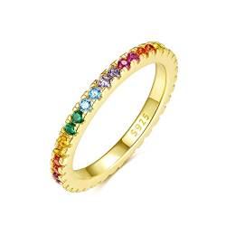 Emmie Jewelry Eternity Ring 925 Silber mit Bunte Zirkonia Steine | Damenring mit Regenbogen-Steinen rundherum | Rainbow Ringe für Damen, Frauen Schmuc (50, Gold) von Emmie Jewelry
