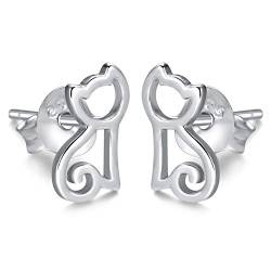 Ohrringe, Ohrstecker Damen mit Katzenmotiv aus 925 Sterling Silber I Damenohrringe Stecker Nickelfrei mit Katze, Katzen für Frauen und Mädchen I Hochwertiger Schmuck (Silber) von Emmie Jewelry