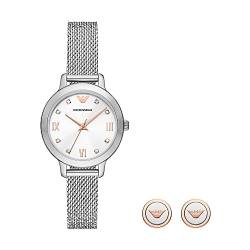 Emporio Armani Uhr für Damen, Dreizeiger Uhrwerk, 32MM Silber Recycled Edelstahl (Mindestens 50%) Gehäuse mit einem EdelstahlMeshArmband, AR80065SET von Emporio Armani