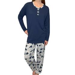 Enemi Collection Dunkelblau Damenpyjama mit Langer Hose und T-Shirt mit Knöpfen Schlafanzug (DE/NL/SE/PL, Alphanumerisch, XL, Regular, Regular) von Enemi Collection