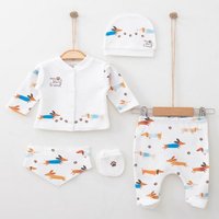 Engelbaby Erstausstattungspaket 5-teilige Erstausstattungs-Set Neugeborenen Hund-Motiv 100% Baumwolle (Set, 5-tlg., Hose, Langarm, Mütze, Lätzchen, Handschuhe) komplett Outfit 5-Teilig 100% Baumwolle Erstausstattungs-set von Engelbaby