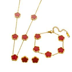 Engelsinn Schmuckset Blume Schmuck Set Gold für Damen Armband Ohrstecker Halskette Anhänger, inkl. Geschenkbox (Rot) von Engelsinn