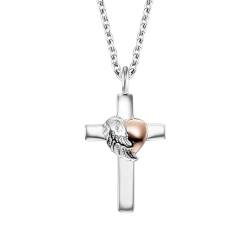 Engelsrufer Damen Halskette aus Sterling Silber und Kreuz mit Herzflügel Anhänger Bicolor in Silber und Roségold - in drei Längen verstellbar - Länge: 44cm von Engelsrufer